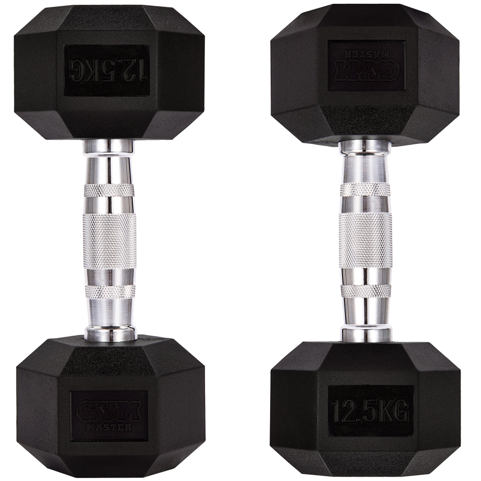 (Pair of 12.5KG (25KG Total)) GYM MASTER Hex Dumbbells Rubber Encased 1-30kg Cast Iron Weight Lift Set Pair