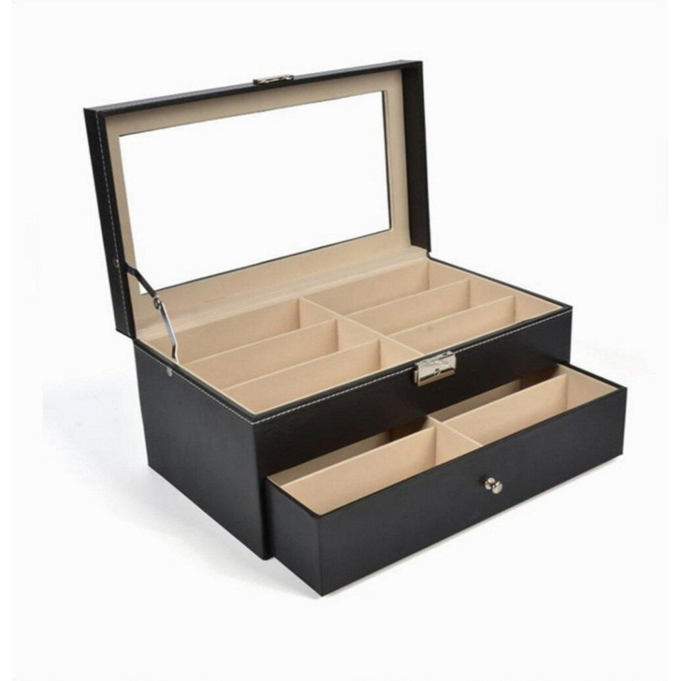 12 Grids Sunglass Organizer Leather Eyeglasses Collector Double-Layer Eyewear Display Case Lockable Storage Box