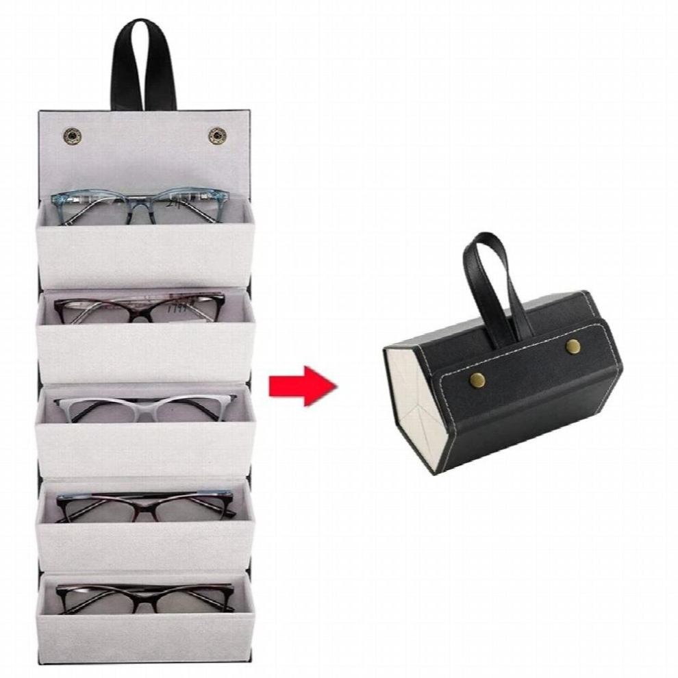 5-Slot Travel Sunglasses Organizer Collector - PU Eyeglasses Storage Case Box -Multiple Hanging Eyewear Holder Display