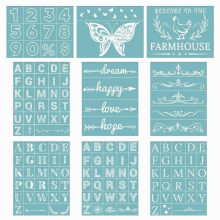 9PCS Self-Adhesive Silk Screen Printing Stencil Set Alphabet Theme Stencil Set Reusable Silk Screen Mesh Transfer for Painting