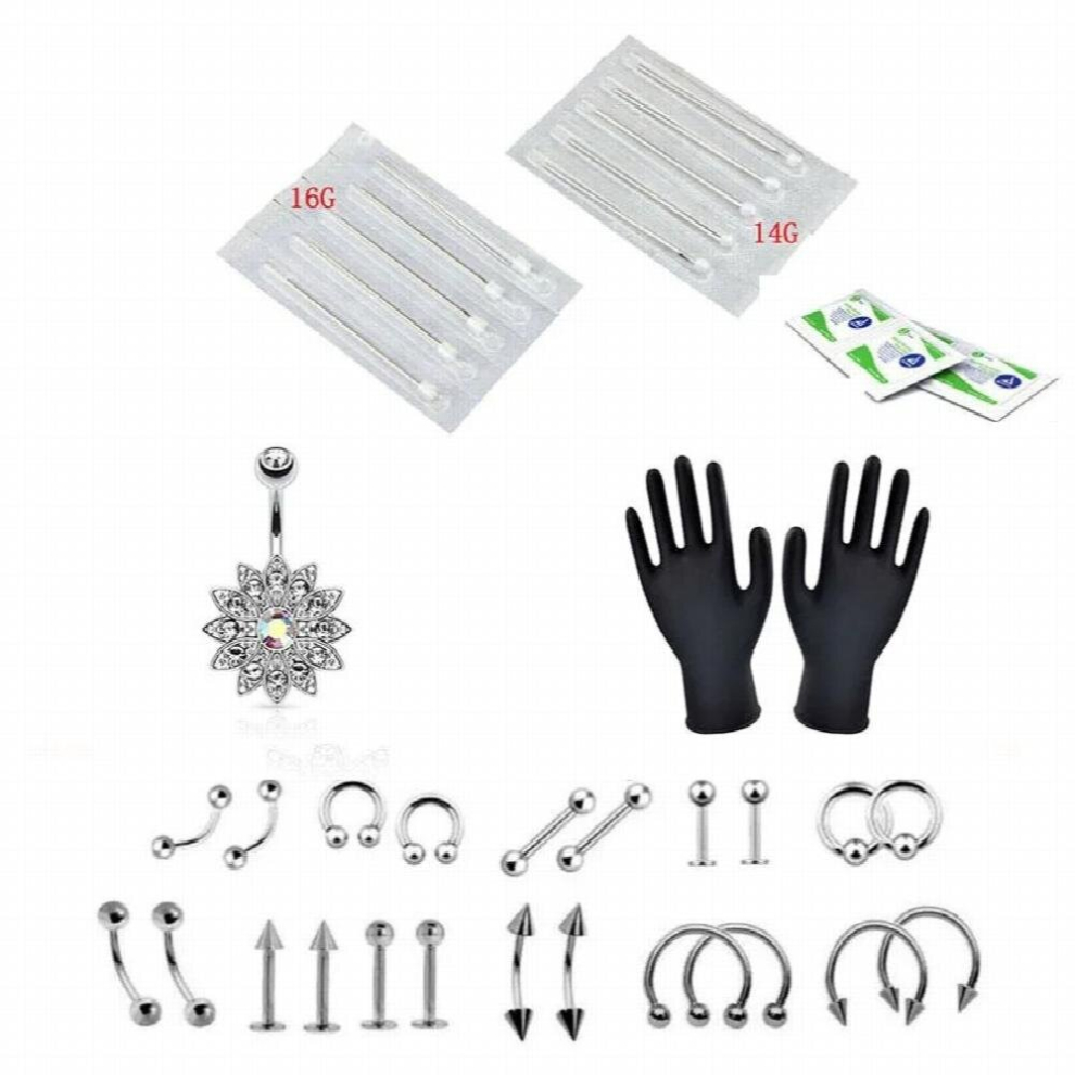 Professional Body Piercing Ear Nose Nipple Needles Tool Kit 41PCS Navel