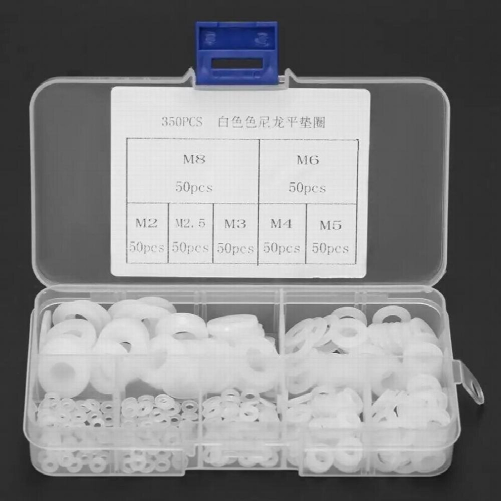 350Pcs M2/M2.5/M3/M4/M5/M6/M8 Nylon Flat Washer Gasket Plane Spacer Backup Joint O Ring Assortment Kit With Storage Box 885673686863
