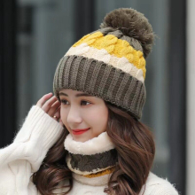 (B) 2PCS Winter Ladies Wooly Thick Knit Woollen Hat And Scarf Set knitted