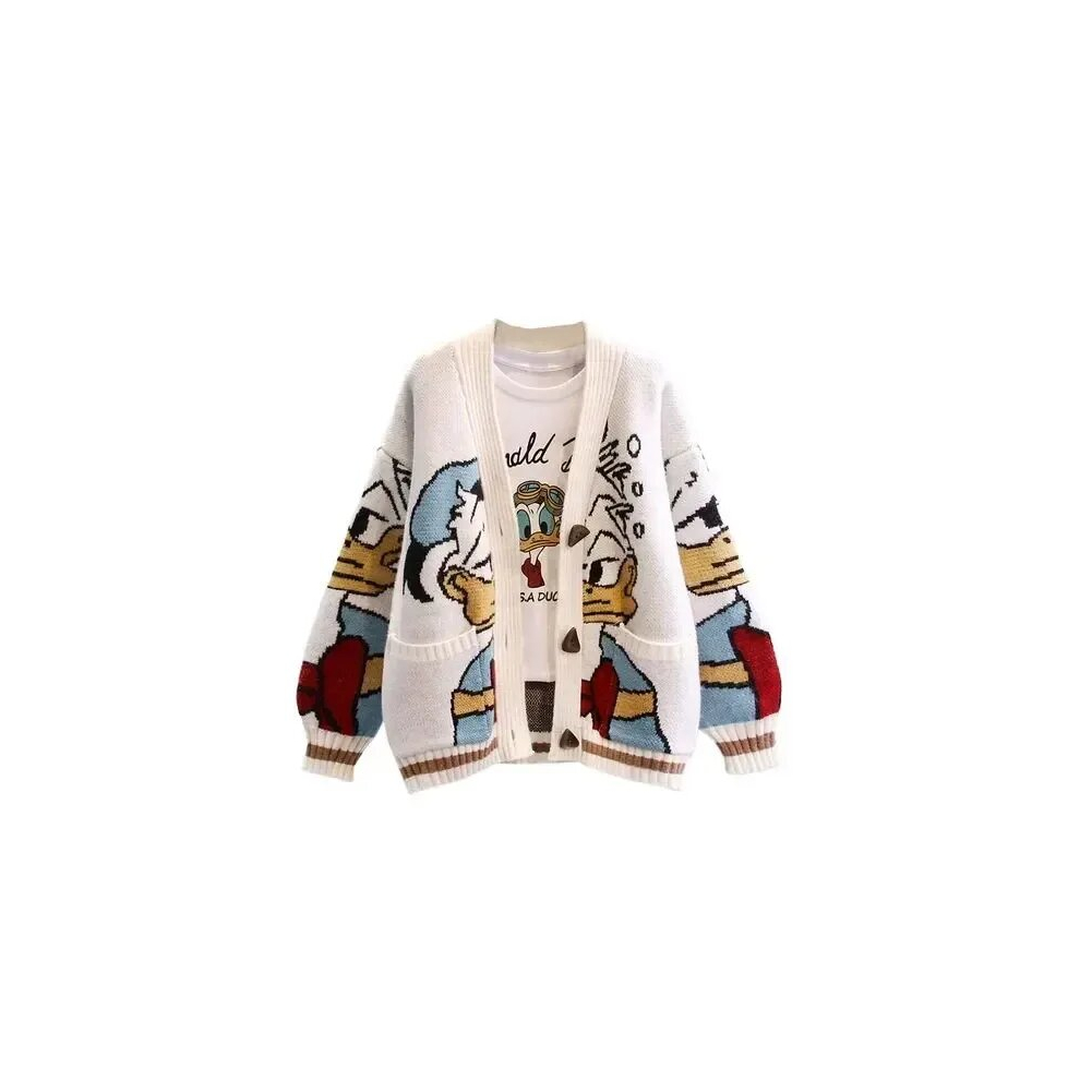 (White Donald, M  45-50kg) Knitted Cardigan Japanese Donald Cartoon Sweaters for Women Coat Female Autumn and Winter Loose Wild Thicken Kawaii Tops