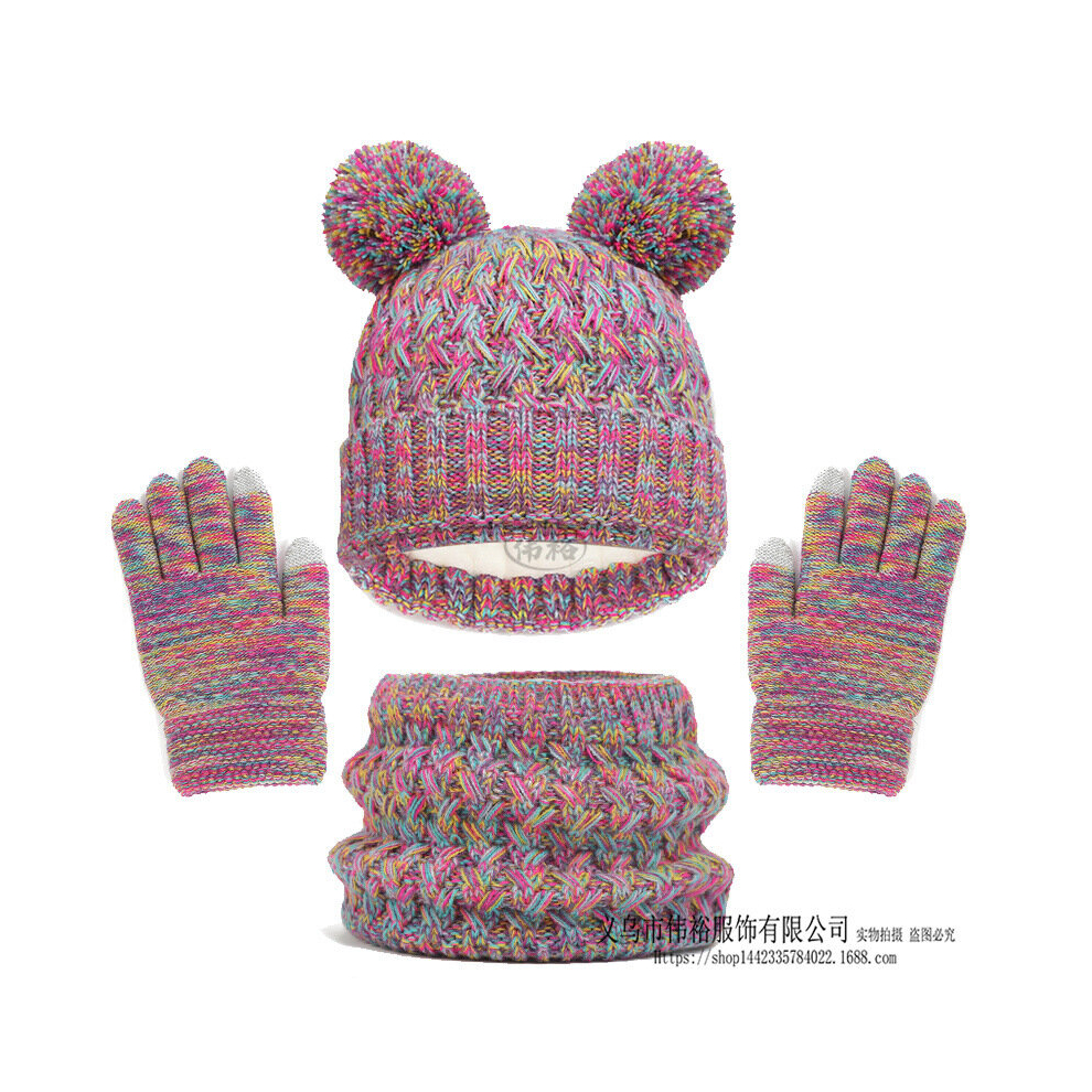 (B) Winter Hat Gloves Scarf Set Knit Fleece Kids