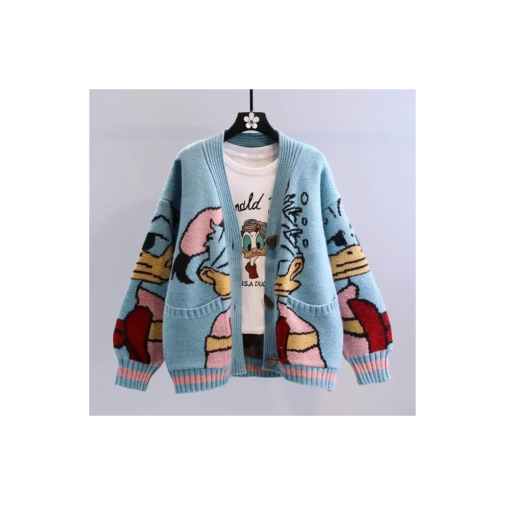 (Blue Donald, 2XL 60-65kg) Knitted Cardigan Japanese Donald Cartoon Sweaters for Women Coat Female Autumn and Winter Loose Wild Thicken Kawaii Tops