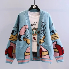 (Blue Donald, L 50-55kg) Knitted Cardigan Japanese Donald Cartoon Sweaters for Women Coat Female Autumn and Winter Loose Wild Thicken Kawaii Tops