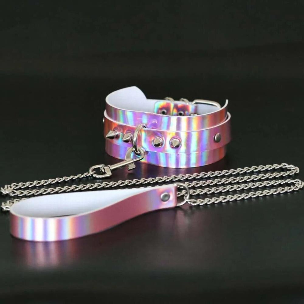 Holographic Dog Slave Chain Choker Punk Spikes Laser Leather Collar Belt Necklace Statement Chocker Harajuku Women Jewelry