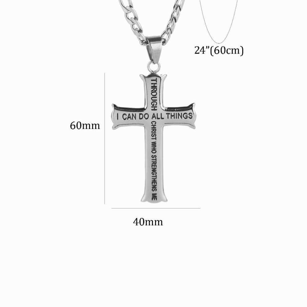 Philippians 4:13 Cross Pendant STRENGTH Bible Verse Stainless Steel Necklace 3 Colors
