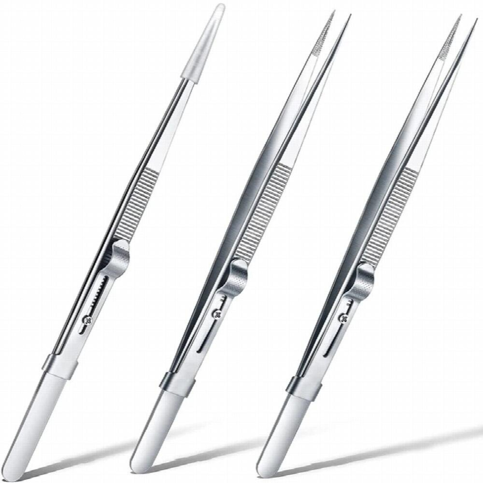 3Pieces Diamond Stone Tweezers Gem And Jewelry Tweezers Stainless Steel Slide Locking Serrated Fine Pointed Tip Tweezers