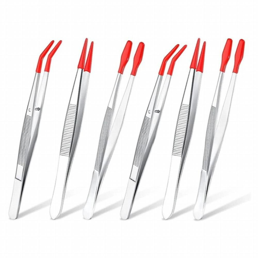 6Pcs Tweezers With Rubber Tips Set Soft PVC Rubber Coated Tips Bent And Straight Flat Tip Precision Bent Long Tweezers