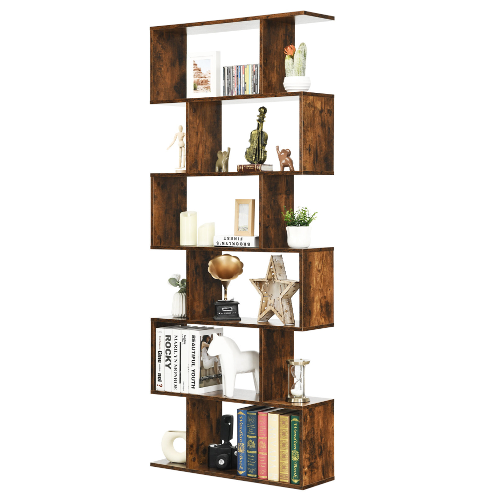 Industrial S-Shaped Bookshelf Wooden 6-tier Bookcase Display Rack