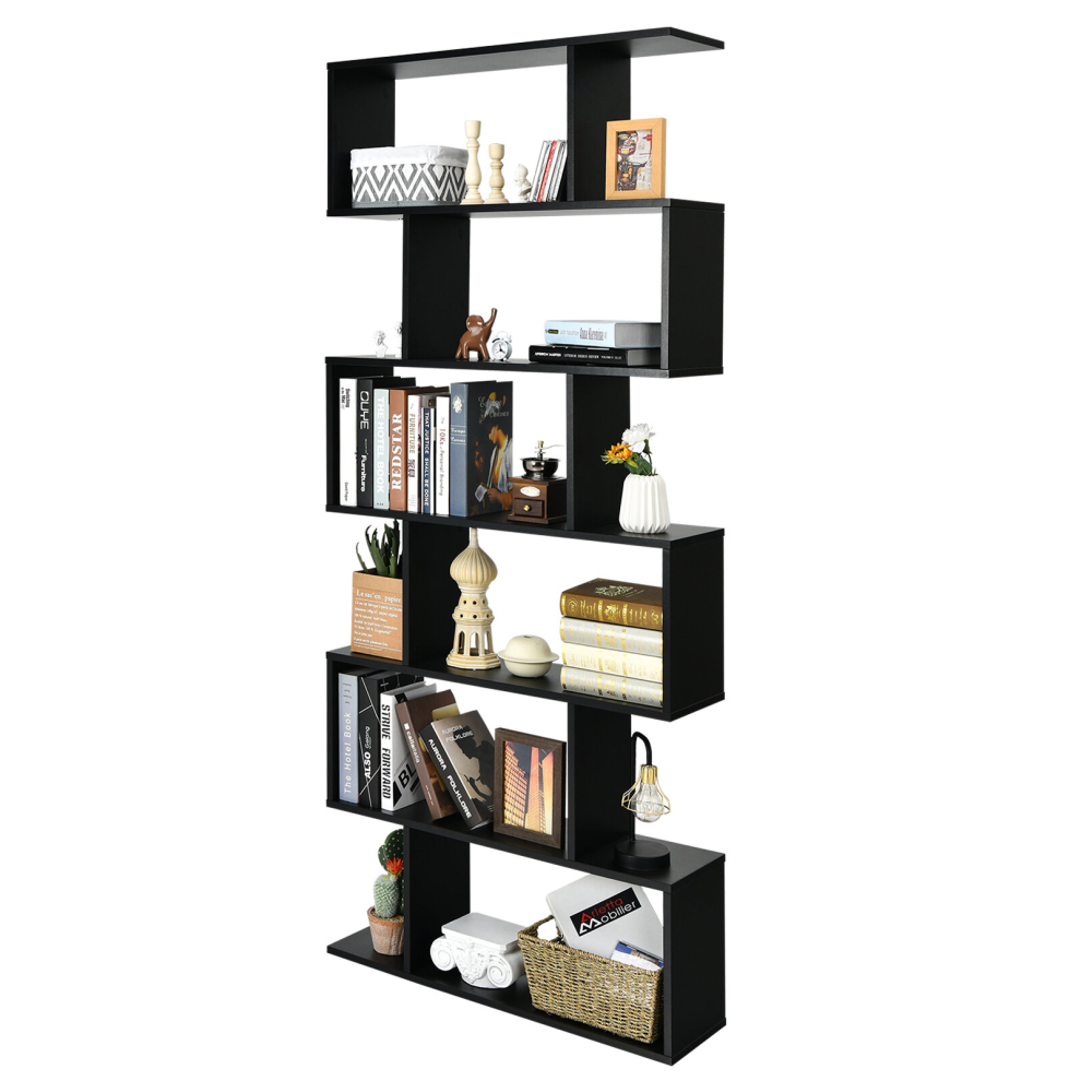 Industrial S-Shaped Bookshelf Wooden 6-tier Bookcase Display Rack