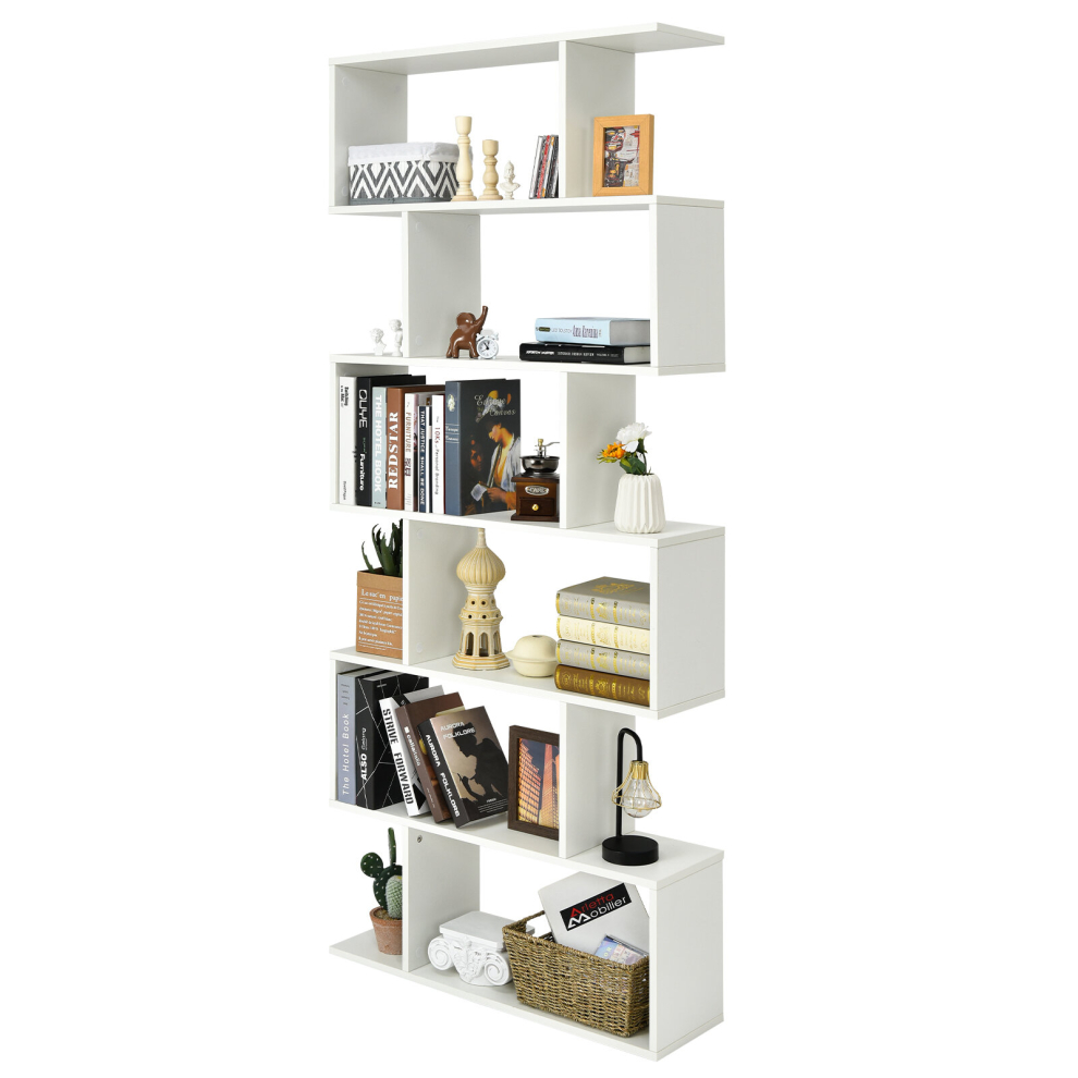 Industrial S-Shaped Bookshelf Wooden 6-tier Bookcase Display Rack