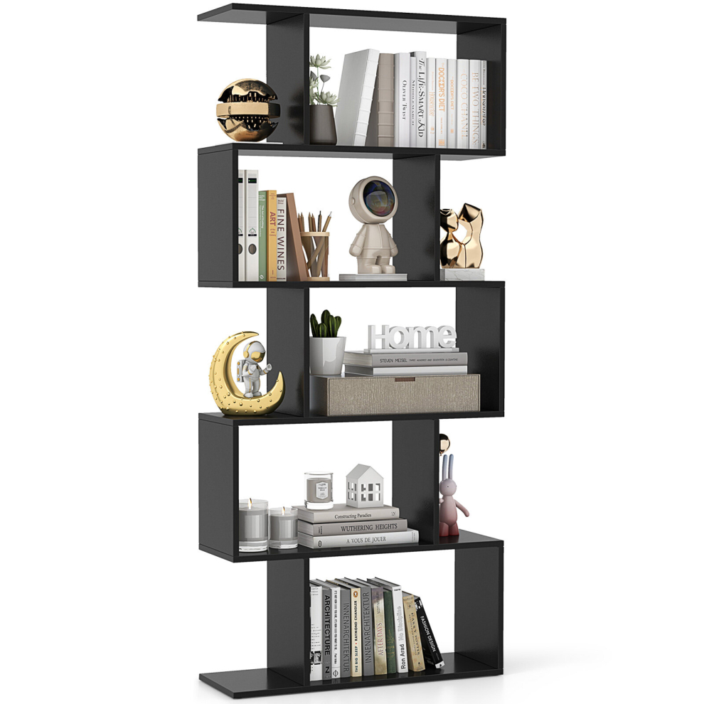 Industrial S-Shaped Bookshelf Wooden 5-tier Bookcase Display Rack