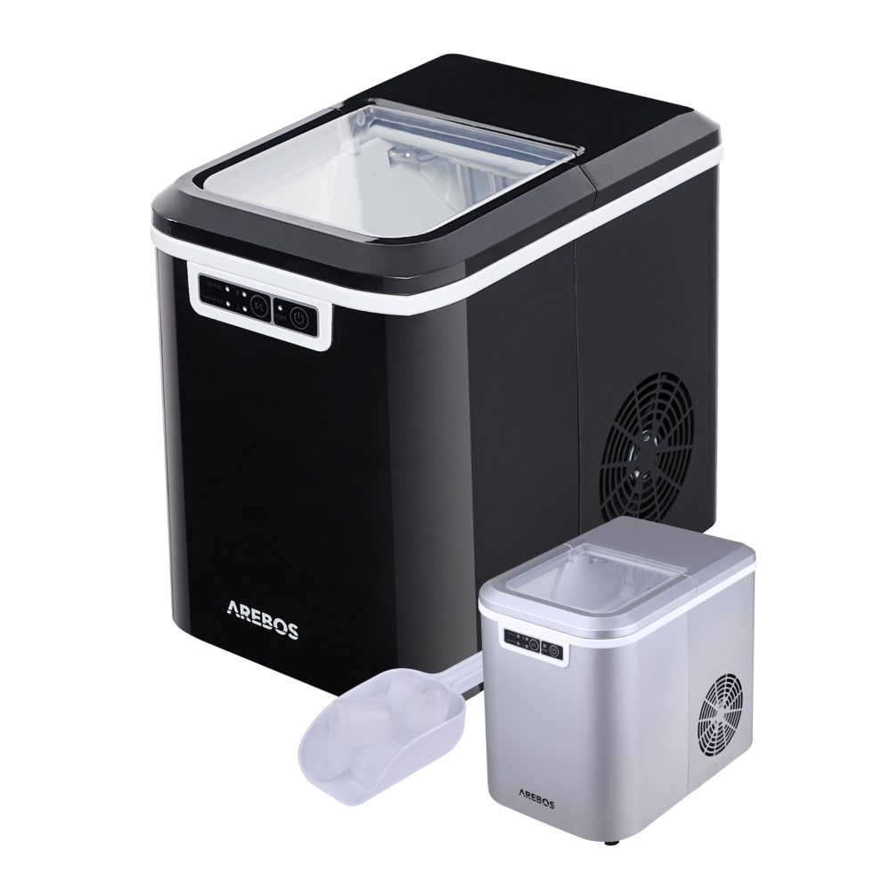 Arebos Ice Cube Maker | 12 Kg / 24 H | 10-15 Minutes Production Time | 2 Ice Cube Sizes | 2.2 Liter Water Tank |Quiet | Self-Cleaning Function| Black