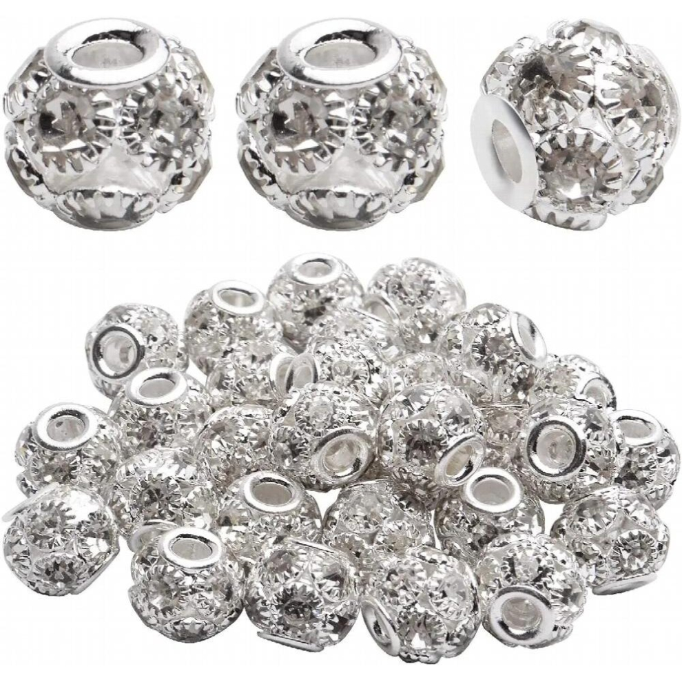 30pcs 10mm Silver Plated Round Rhinestone Pave Crystal Brass Beads European Rondelle Spacer Beads for Jewelry Making Decoration-image-OPC-PCTJ6NQ-NEW