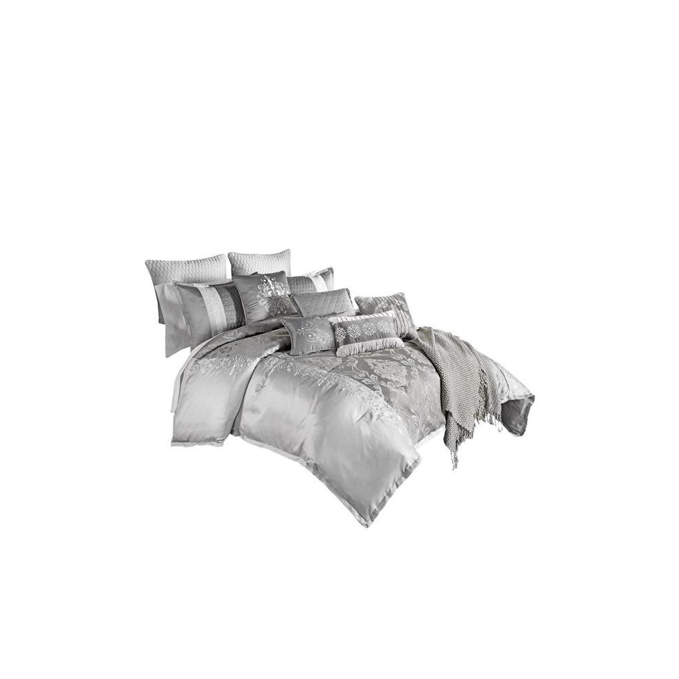 Polyester Comforter Set with Medallion Print, Platinum Gray - King Size - 12 Piece