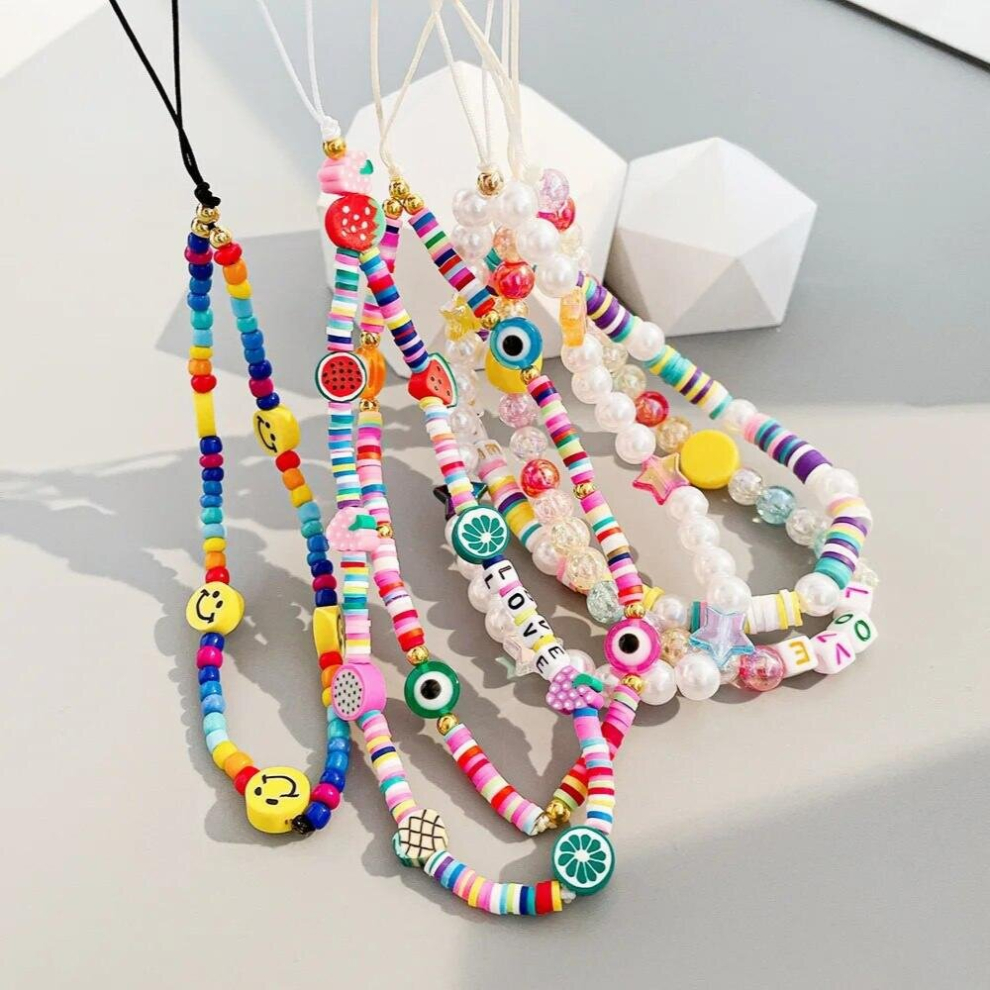 Colorful Acrylic Beads Mobile Phone Chain For Women Girls Cellphone Strap Anti-Lost Lanyard Hanging Cord Jewelry White 885673871689