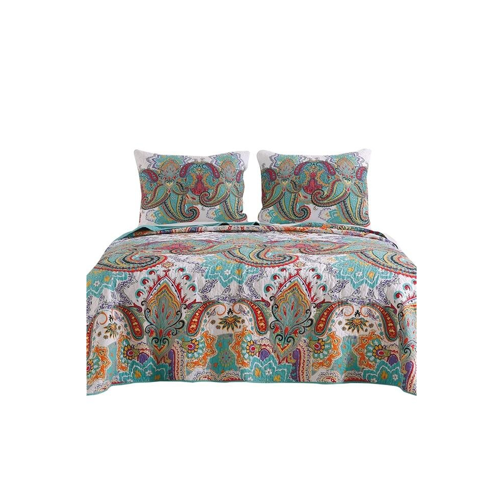 Cotton Quilt Set with Paisley Print, Teal Blue - Queen Size - 3 Piece