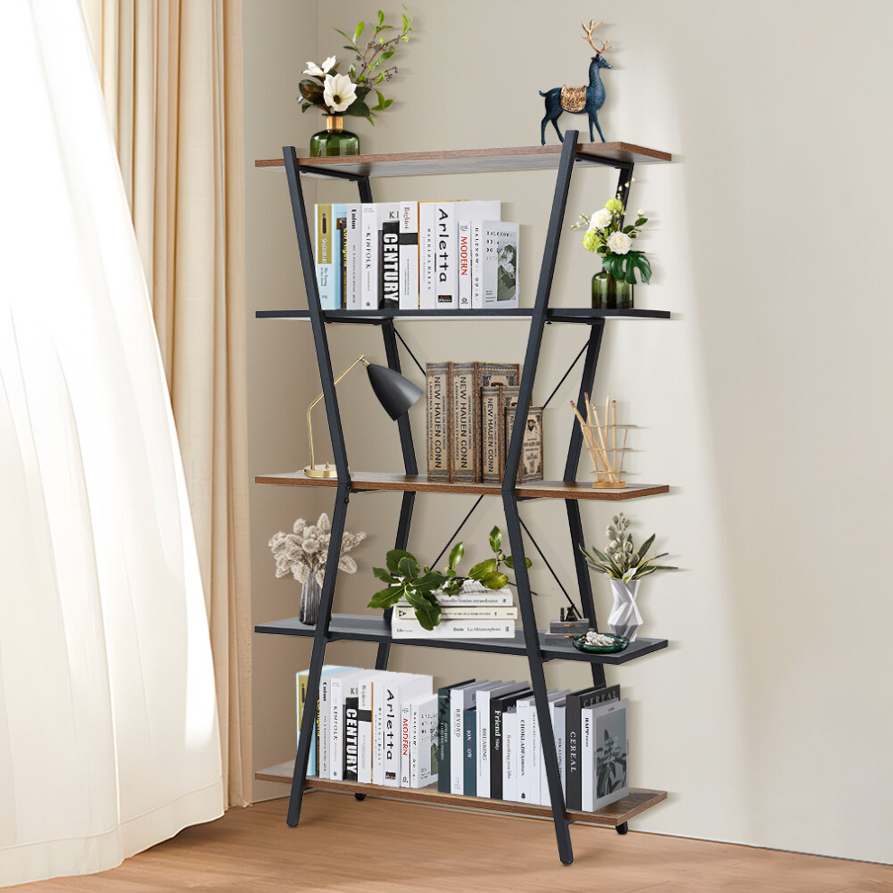 Industrial 5-Tier Open Bookshelf in Brown and Black