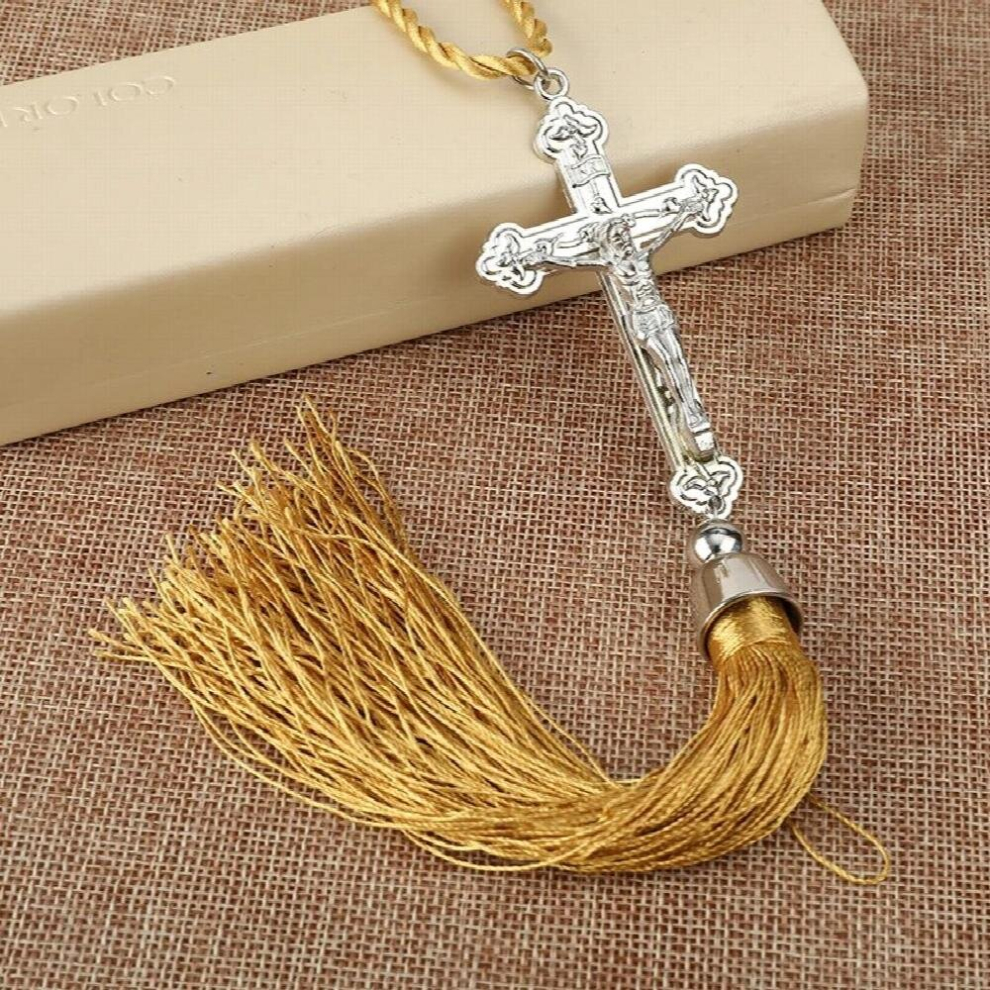 Catholic Christian Peace Crucifix Jesus Cross Pendant Tassel Fringe Car Hanging Pendant Women Men Ornament Jewelry Accessories