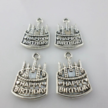 48pcs Tibetan Silver Happy Birthday Cake Charms Crafts Pendants Beads 15x22mm Jewelry Findings