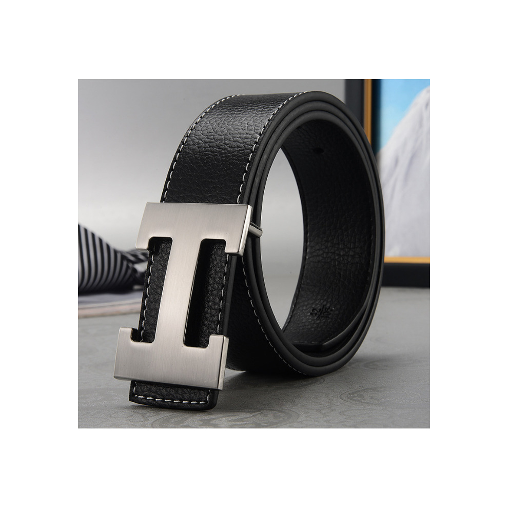 (Black+Silver, 115cm) Men's H-shaped Belt Imitation Leather Belt Work Alloy Buckle Casual Fashion SALE