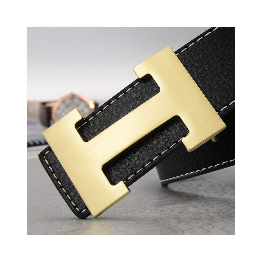 (Black+Gold, 125cm) Men's H-shaped Belt Imitation Leather Belt Work Alloy Buckle Casual Fashion SALE