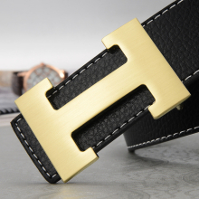 (Black+Gold, 110cm) Men's H-shaped Belt Imitation Leather Belt Work Alloy Buckle Casual Fashion SALE