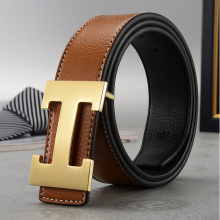 (Brown+Gold, 105cm) Men's H-shaped Belt Imitation Leather Belt Work Alloy Buckle Casual Fashion SALE
