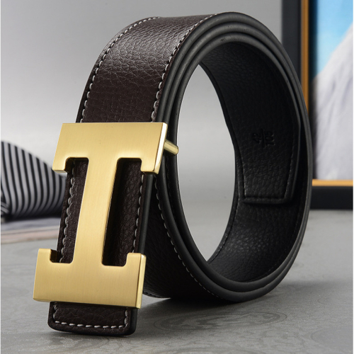 (Coffee+Gold, 125cm) Men's H-shaped Belt Imitation Leather Belt Work Alloy Buckle Casual Fashion SALE