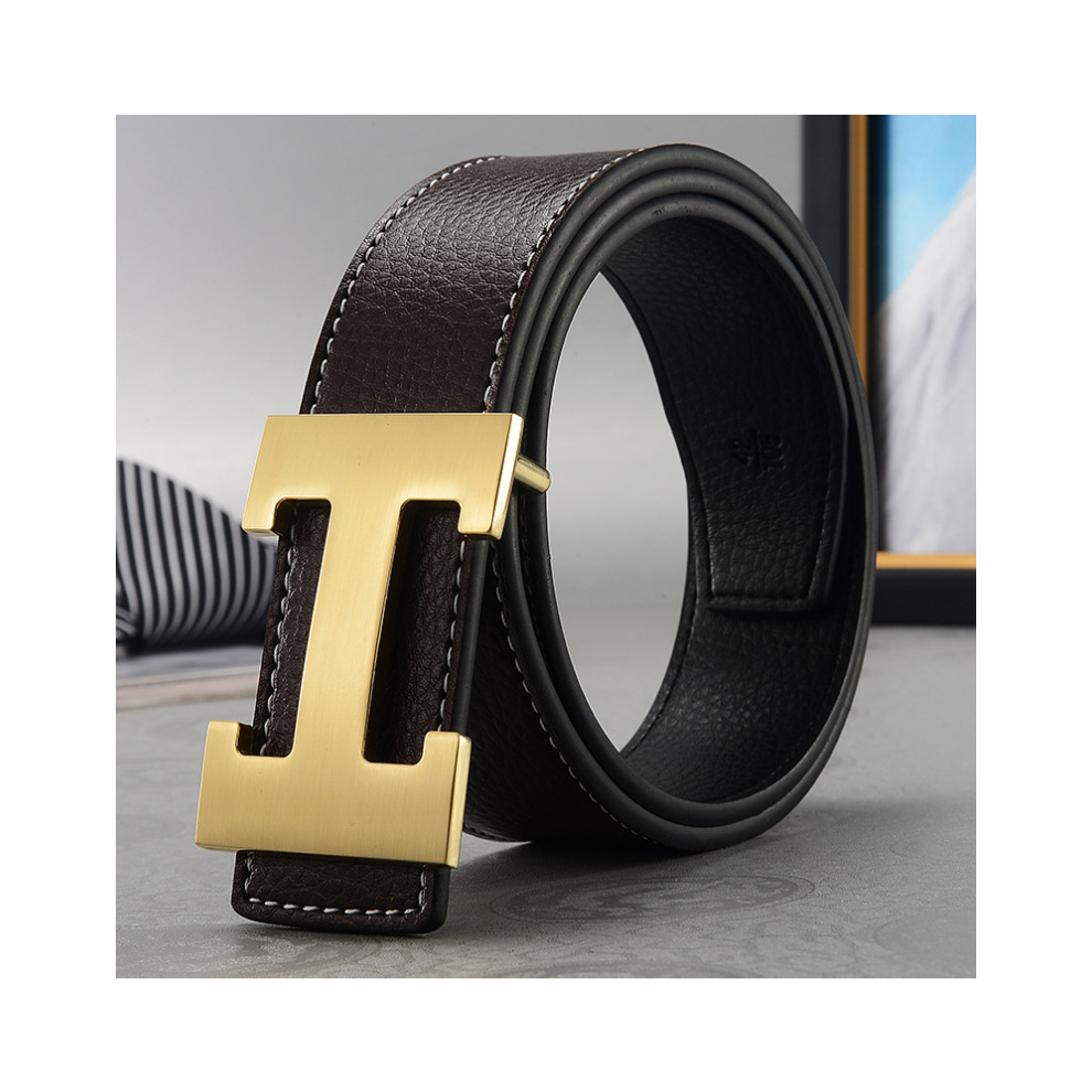 (Coffee+Gold, 125cm) Men's H-shaped Belt Imitation Leather Belt Work Alloy Buckle Casual Fashion SALE