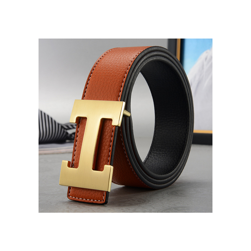 (Orange+Gold, 110cm) Men's H-shaped Belt Imitation Leather Belt Work Alloy Buckle Casual Fashion SALE