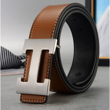 (Brown+Silver, 125cm) Men's H-shaped Belt Imitation Leather Belt Work Alloy Buckle Casual Fashion SALE