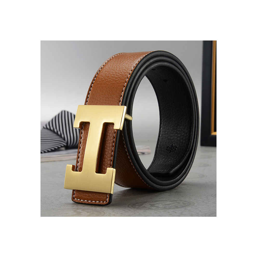 (Brown+Gold, 125cm) Men's H-shaped Belt Imitation Leather Belt Work Alloy Buckle Casual Fashion SALE