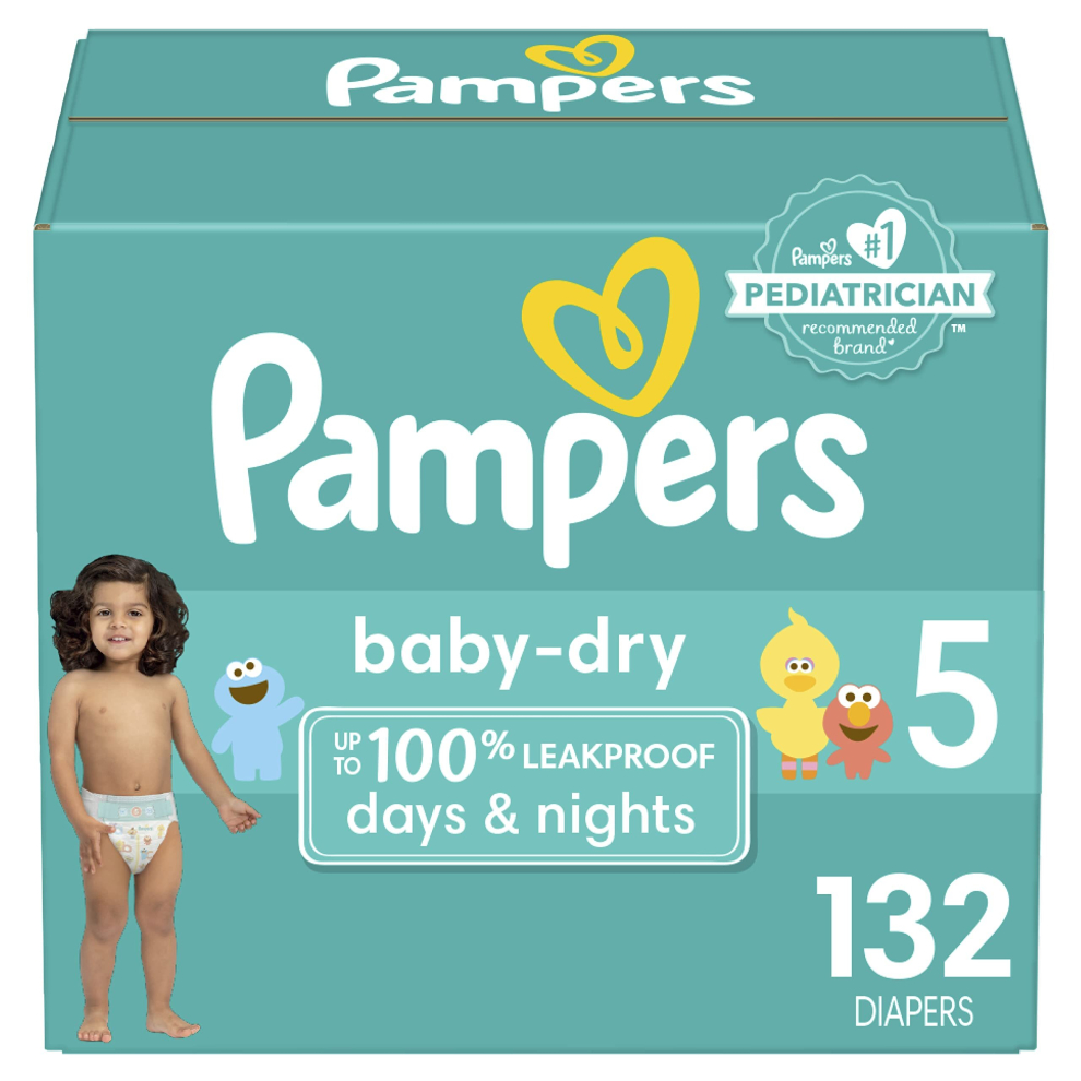 Diapers Size 5, 132 count - Pampers Baby Dry Disposable Baby Diapers, Enormous Pack, Packaging & Prints May Vary