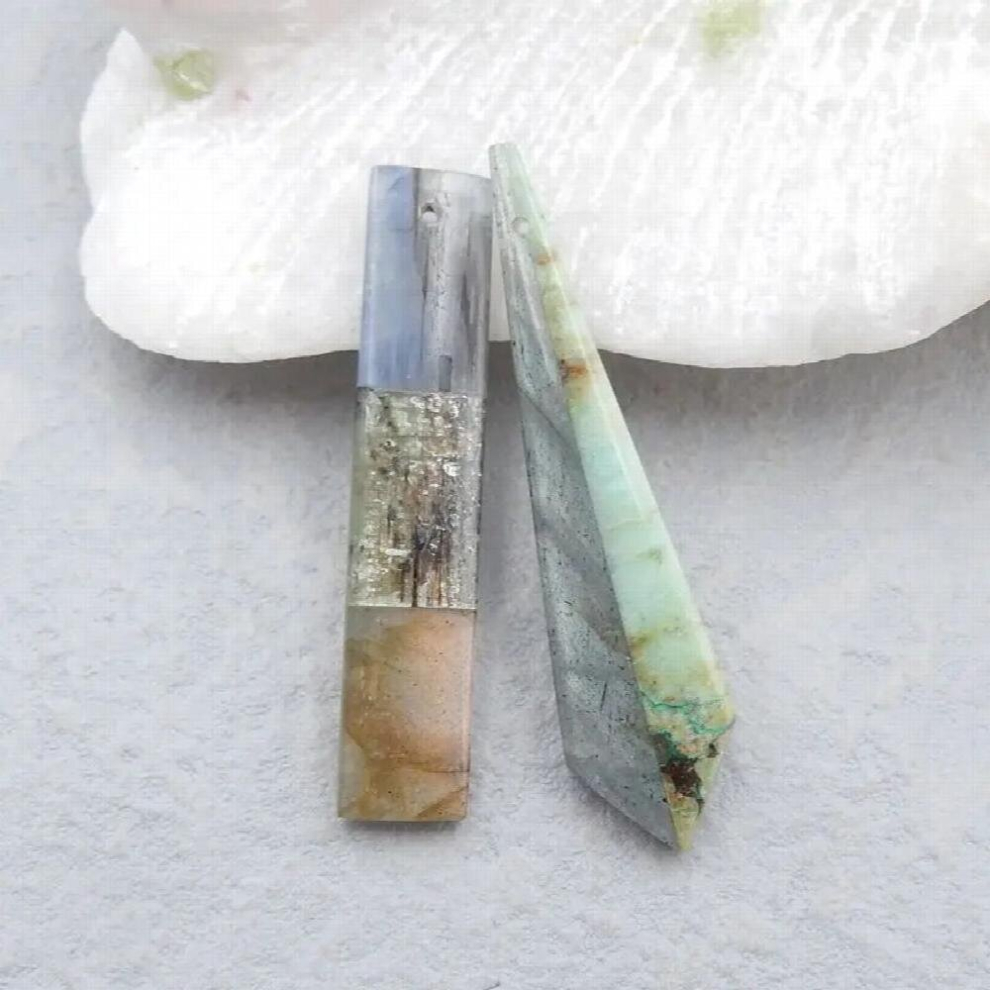 2pcs Natural Stone Intarsia Pendant Beads,Chrysocolla,Labradorite,Blue Kyanite,Green Kyanite,41x8x4mm,46x11x4mm,6.6g-image-OPC-PCTNFD5-NEW