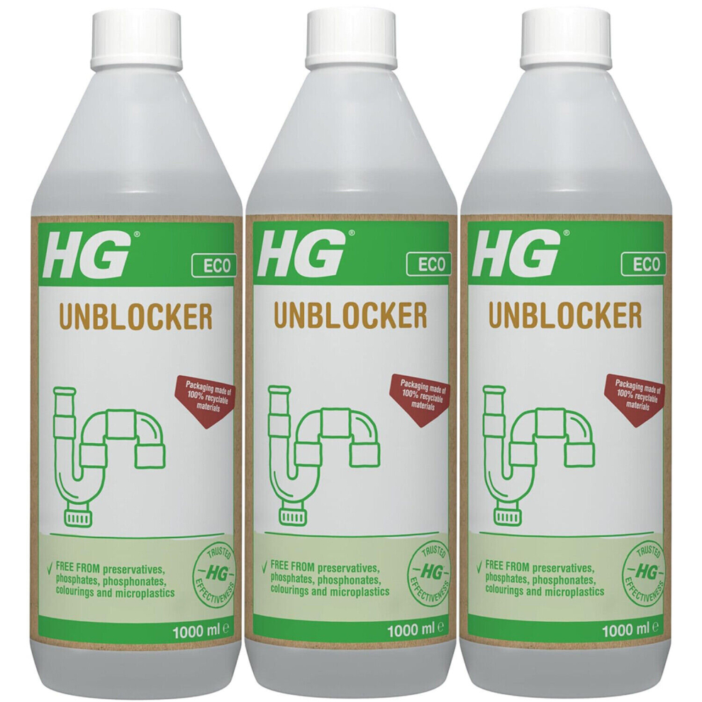 3 x HG ECO Drain Unblocker 1 Litre Kitchen Sink & Bathroom Sink - White