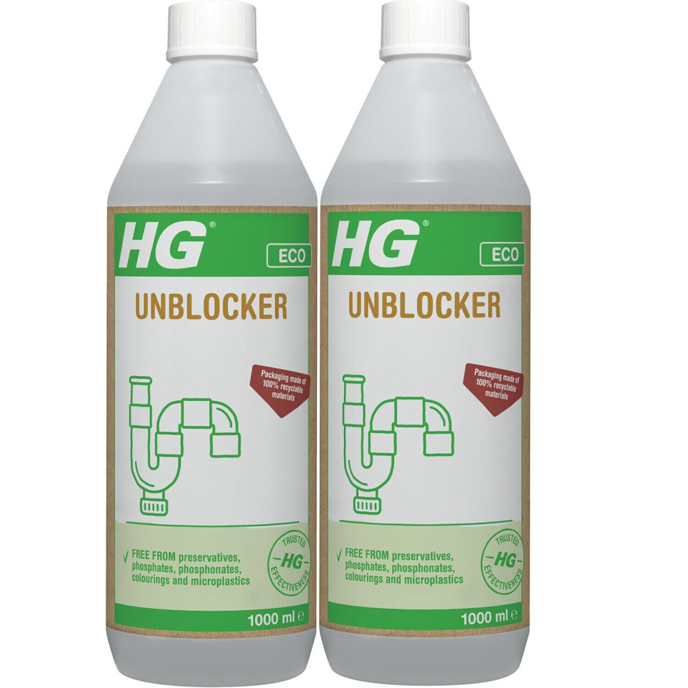 2 x HG ECO Drain Unblocker 1 Litre Kitchen Sink & Bathroom Sink - White