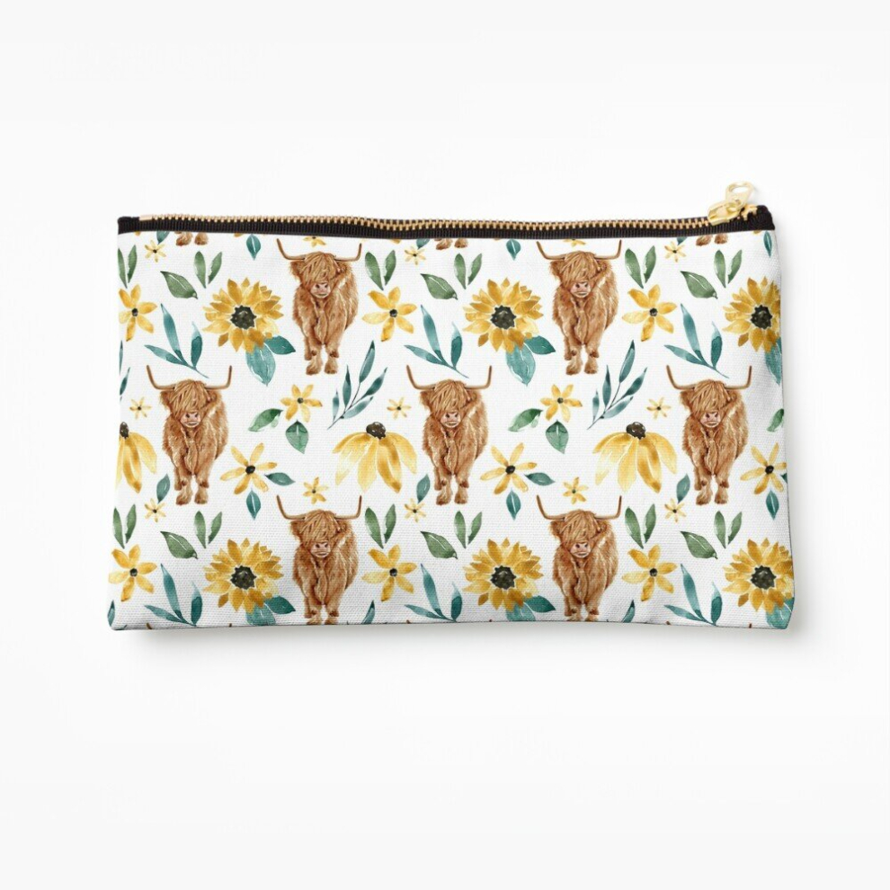Whibos Yellow Makeup Bag Highland Cow And Sunflowers, Wildflowers, Cow Art, Floral Cosmetic Organizer Tyvek Paper Bags Zipper Pouch