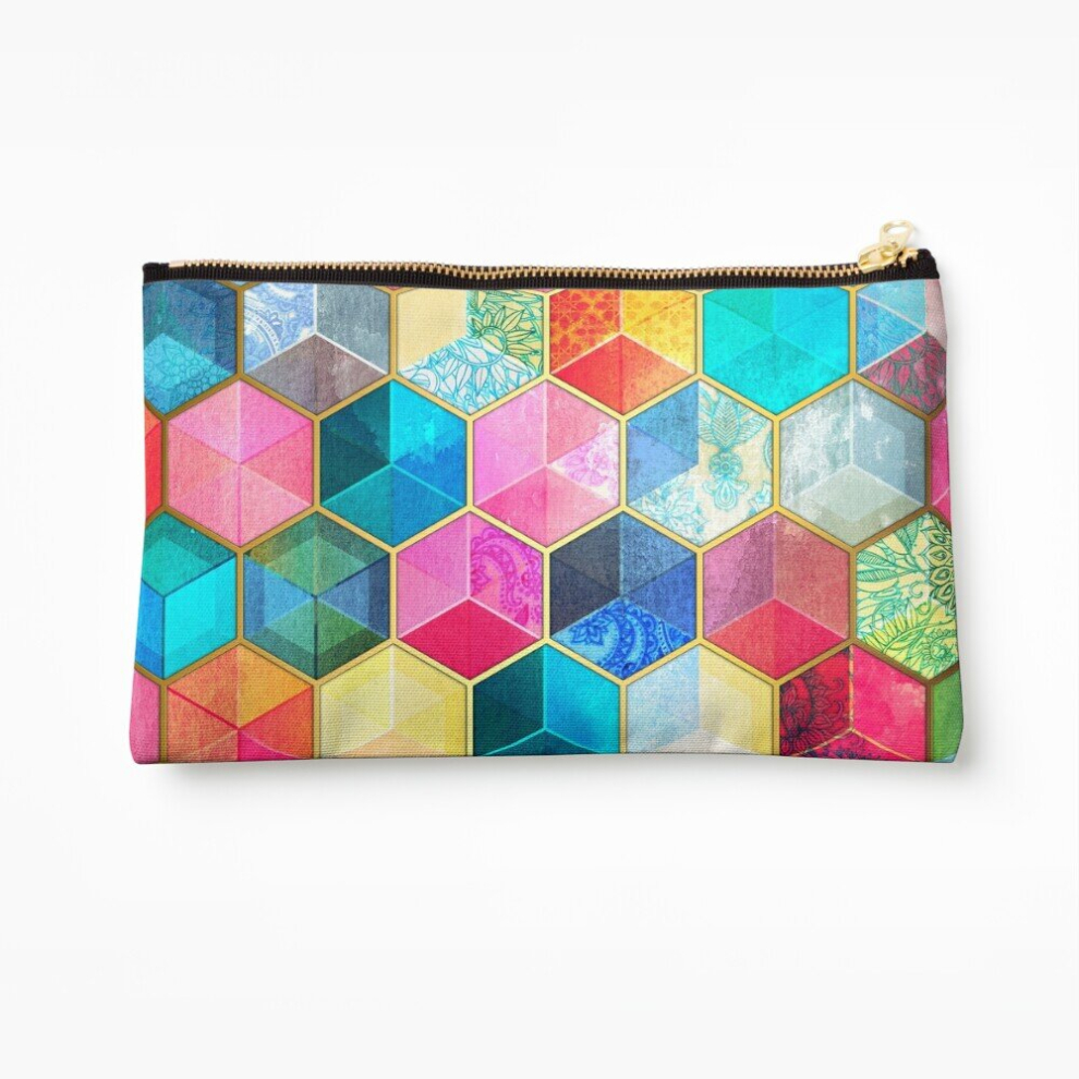 Whibos Makeup Bag Crystal Bohemian Honeycomb Cubes - Colorful Hexagon Pattern Cosmetic Organizer Tyvek Paper Bags Zipper Pouch