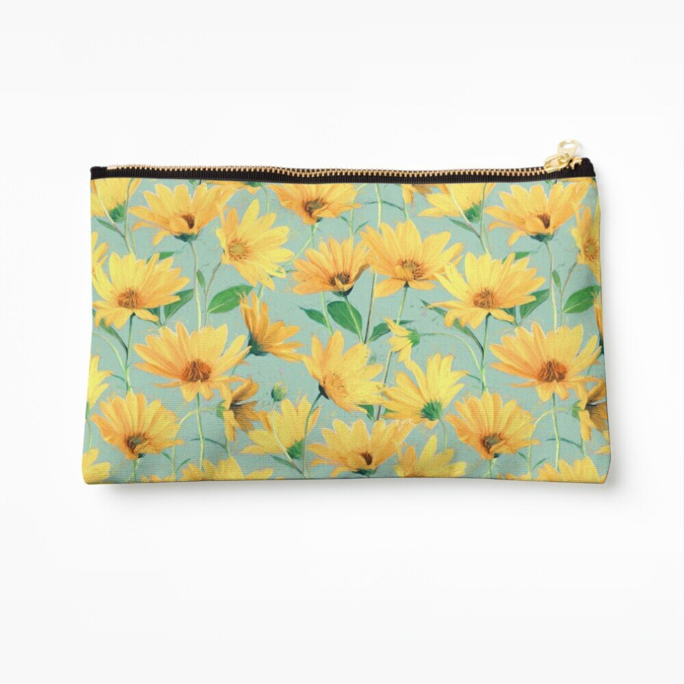 Whibos Golden/Yellow/Green Makeup Bag Painted Daisies On Soft Sage Cosmetic Organizer Tyvek Paper Bags Zipper Pouch