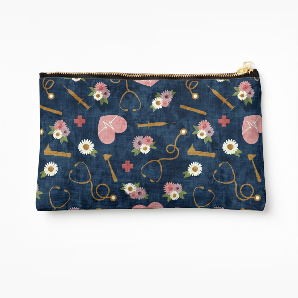 Whibos Makeup Bag Floral Nursing - Navy - Stethoscopes, Heart Beat, Otoscope Cosmetic Organizer Tyvek Paper Bags Zipper Pouch