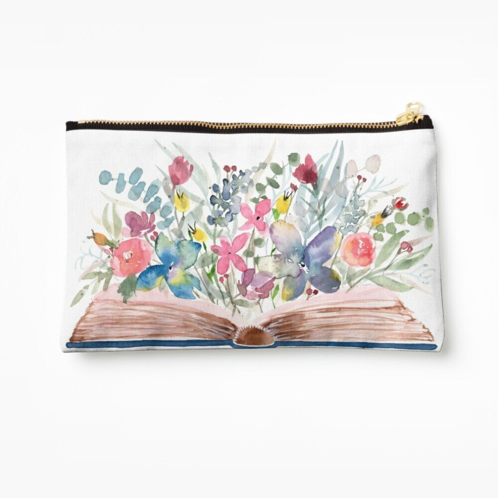 Whibos Makeup Bag Watercolor Open Book With Florals Cosmetic Organizer Tyvek Paper Bags Zipper Pouch
