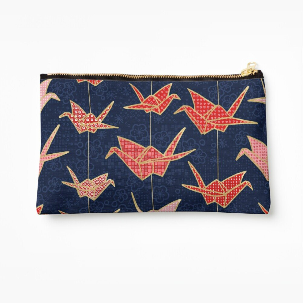 Whibos Red/Blue Makeup Bag Origami Cranes On Navy Cosmetic Organizer Tyvek Paper Bags Zipper Pouch