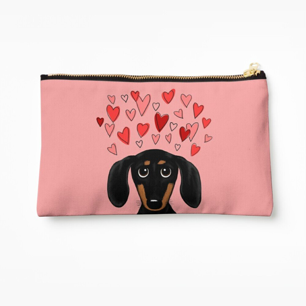Whibos Black Makeup Bag And Tan Dachshund With Valentine Hearts Cute Cartoon Wiener Dog Cosmetic Organizer Tyvek Paper Bags Zipper Pouch