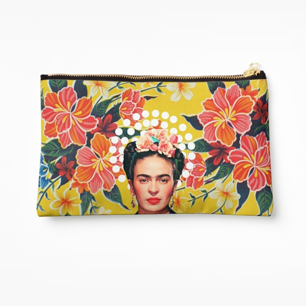 Whibos Ocher Makeup Bag Frida Kahlo, Flowers, Color On Mexican Tablecloth Cosmetic Organizer Tyvek Paper Bags Zipper Pouch