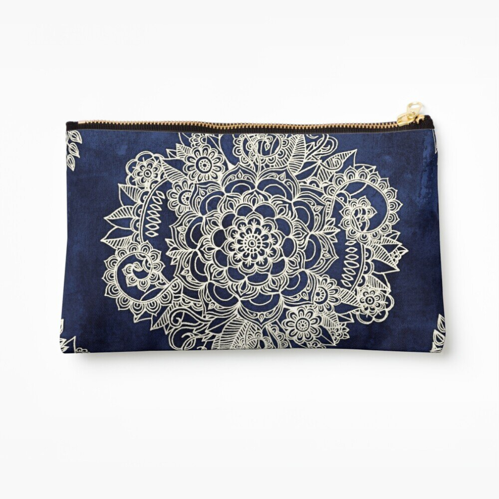 Whibos Makeup Bag Cream Floral Moroccan Pattern On Deep Indigo Ink Cosmetic Organizer Tyvek Paper Bags Zipper Pouch