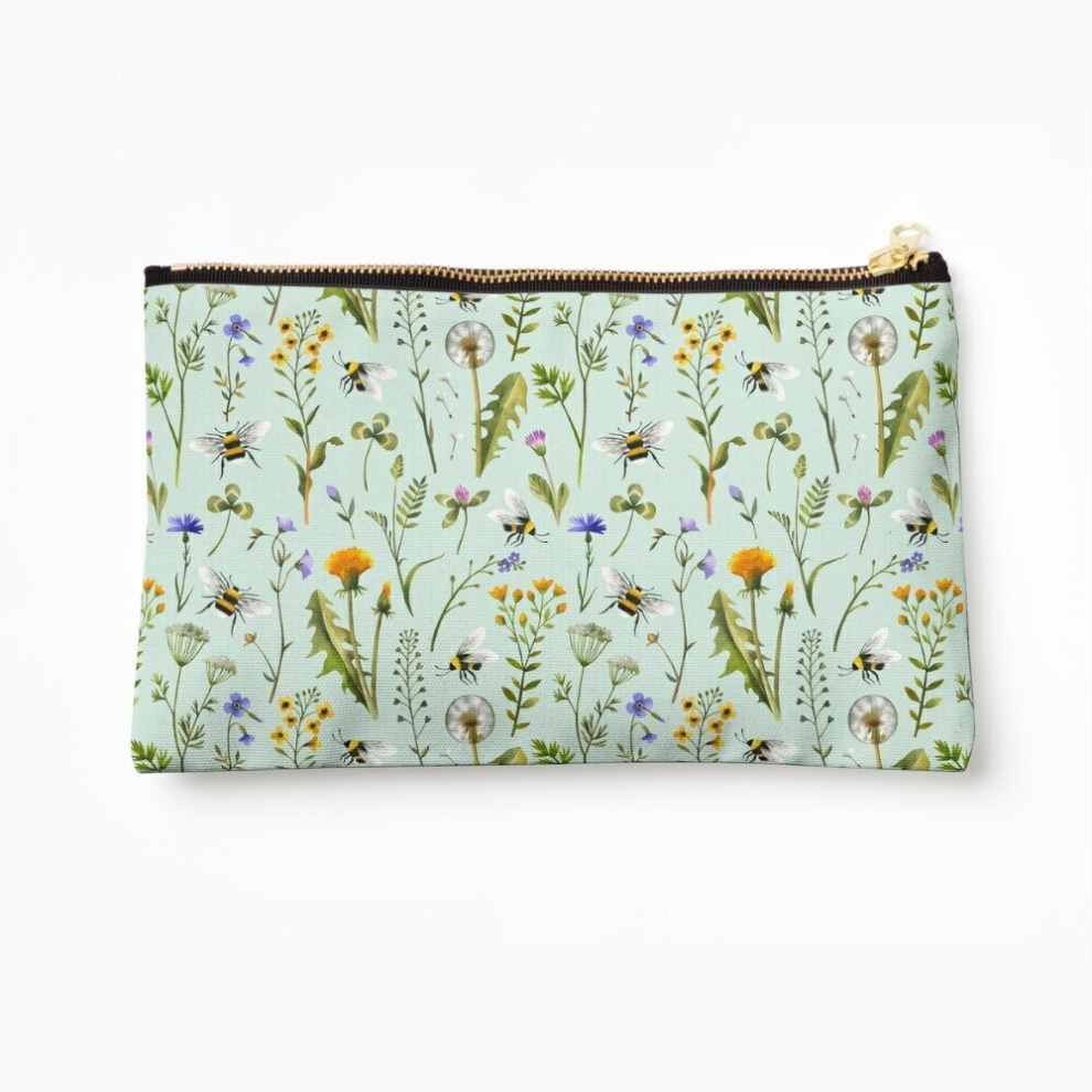 Whibos Makeup Bag Bees And Wildflowers On Mint Cosmetic Organizer Tyvek Paper Bags Zipper Pouch